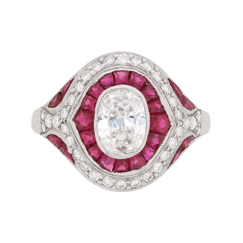 Vintage Diamond And Ruby Bombé Style Ring, C.1940s 