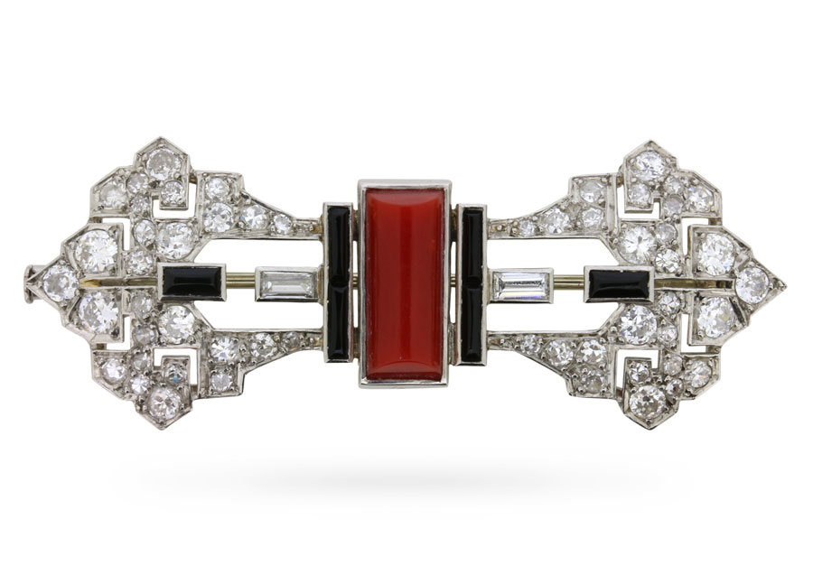 Art Deco Coral, Onyx and Diamond Brooch, c.1920s