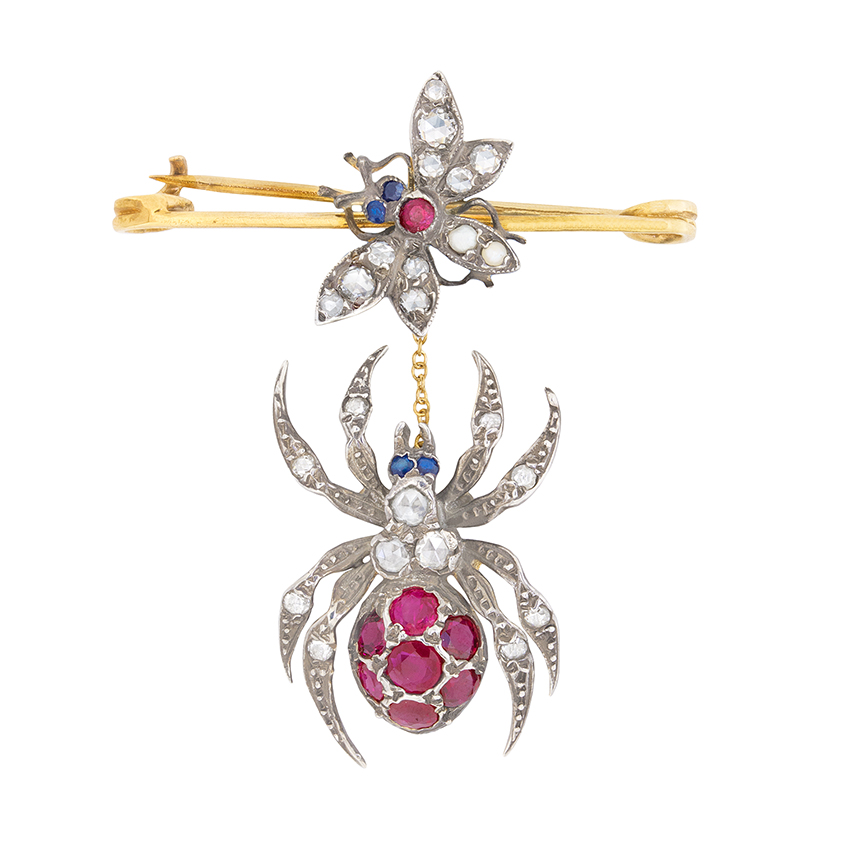 Antique Opal Diamond Ruby Pearl Gold Platinum Spider Brooch